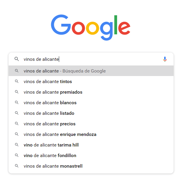 Ejemplo de cómo Google sugiere palabras long tail y cómo aplicarlas en nuestra tienda online.