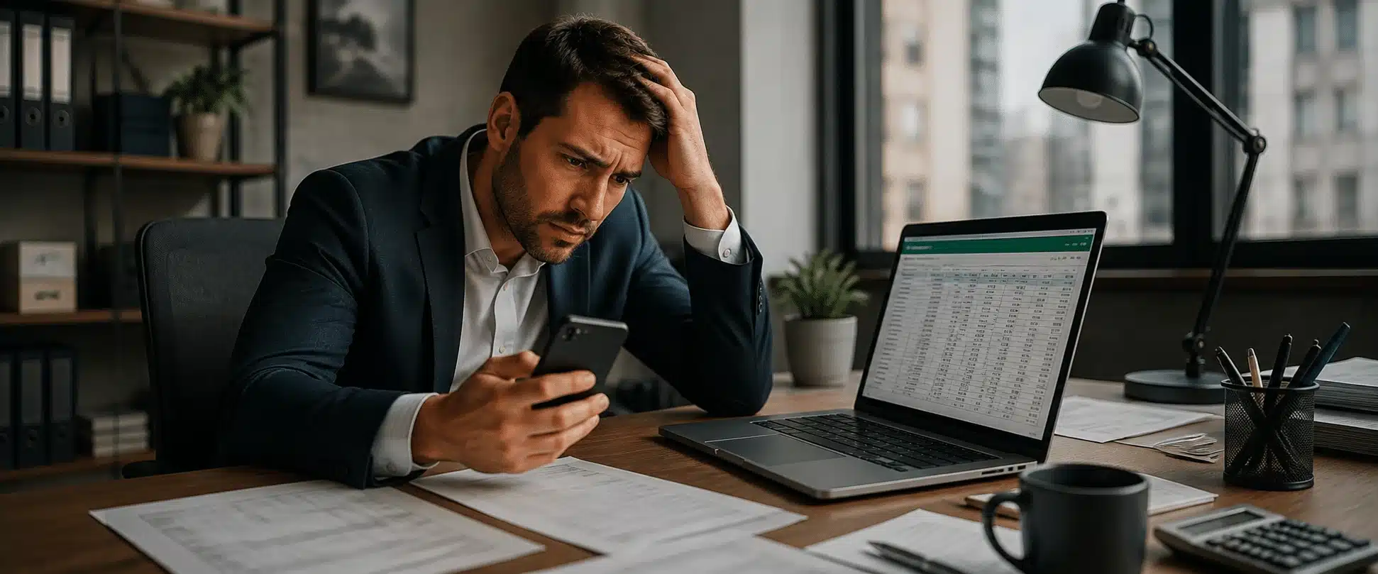 Un distribuidor agobiado mira su móvil lleno de mensajes de WhatsApp de clientes pidiendo género