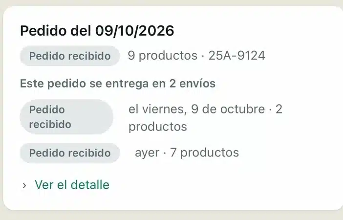 Pedido recibido con sus entregas