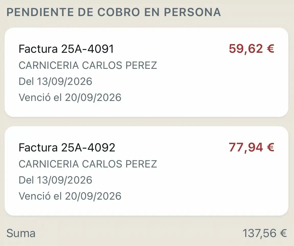 Pendiente de cobro en persona: facturas con su fecha, importe y vencimiento